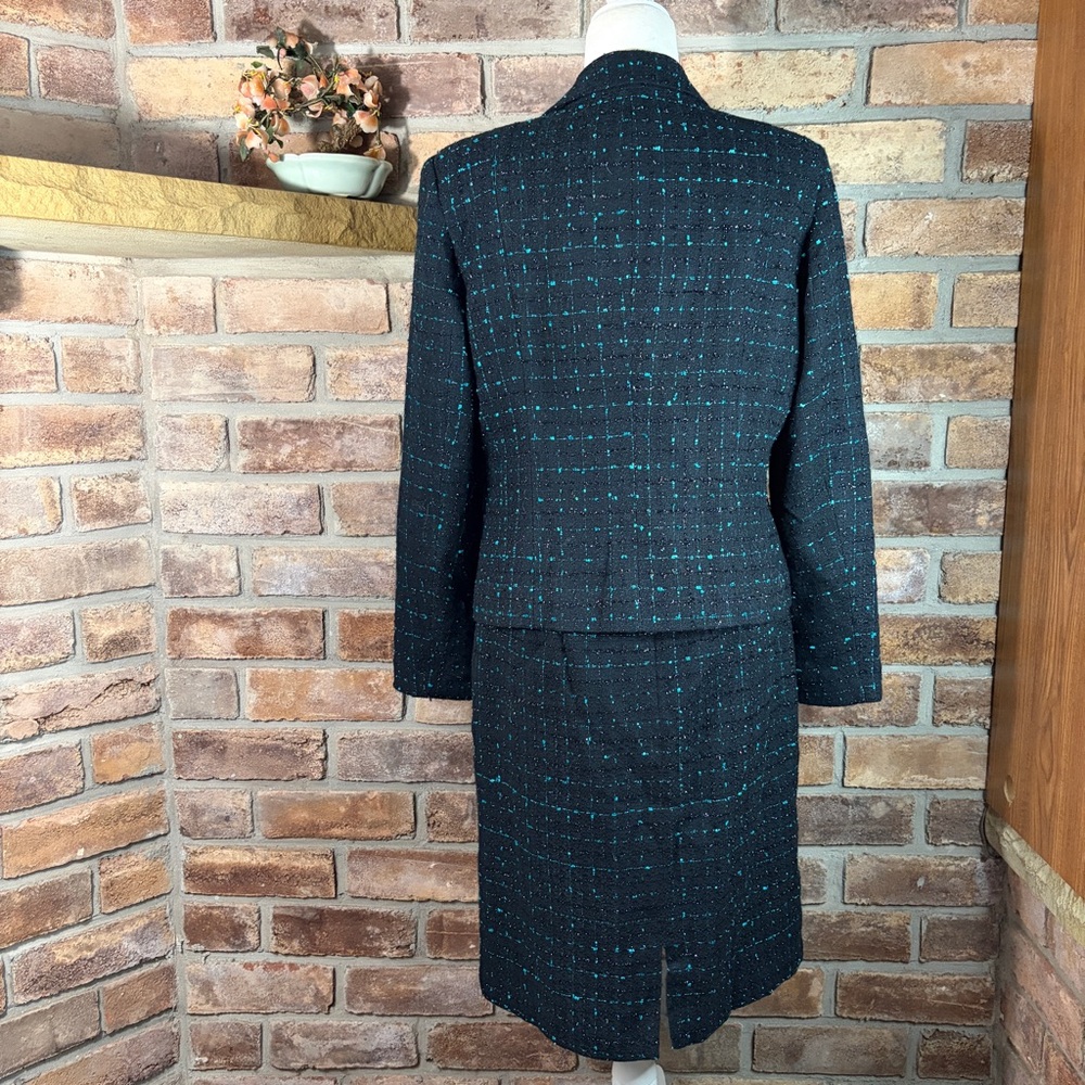 CHADWICK’S Vintage Woven Tweed Black & Teal Blazer and Skirt Set - Picture 3 of 16